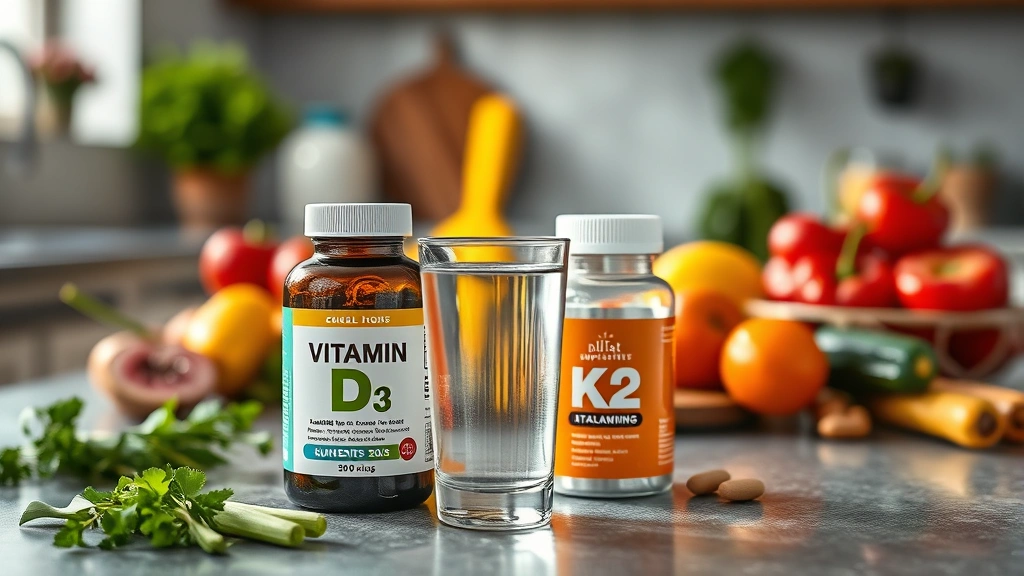 Photorealistic overhead shot of a wellness supplement routine showing a glass of water next to vitamin D3 and K2 supplement bottles, with fresh vegetables and fruits blurred in background, clean modern kitchen counter, natural daylight