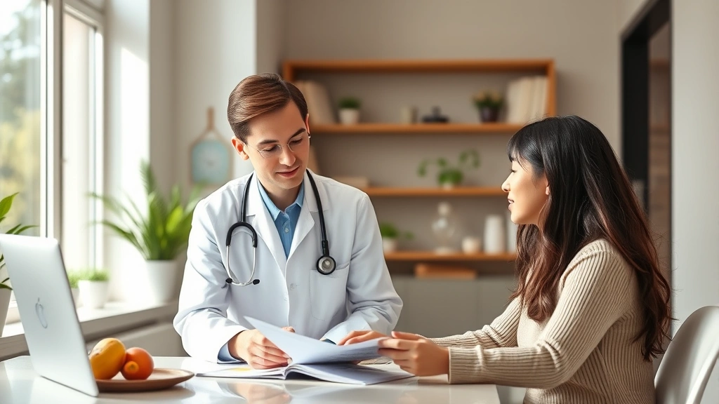 Professional healthcare provider in white coat consulting with patient in modern medical office, both reviewing nutrition and health information on desk, warm clinical setting with natural light, realistic medical environment