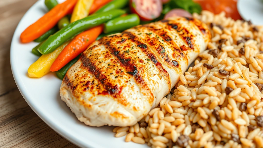 Close-up of nutritious meal including grilled chicken breast, colorful vegetables, whole grain rice, and fresh salad on white plate, well-lit healthy food photography, appetite-appealing presentation