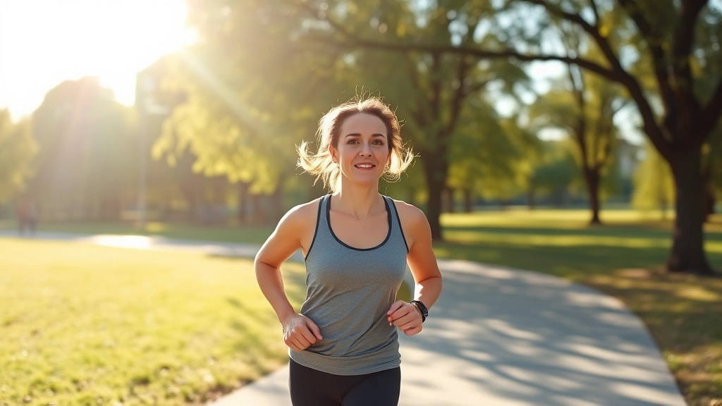 Person jogging outdoors on sunny morning through park with trees, athletic wear, focused expression showing healthy exercise and wellness, natural outdoor fitness environment