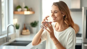Woman drinking fresh water from a glass in a bright, modern kitchen, smiling with healthy vitality, natural morning light streaming through windows