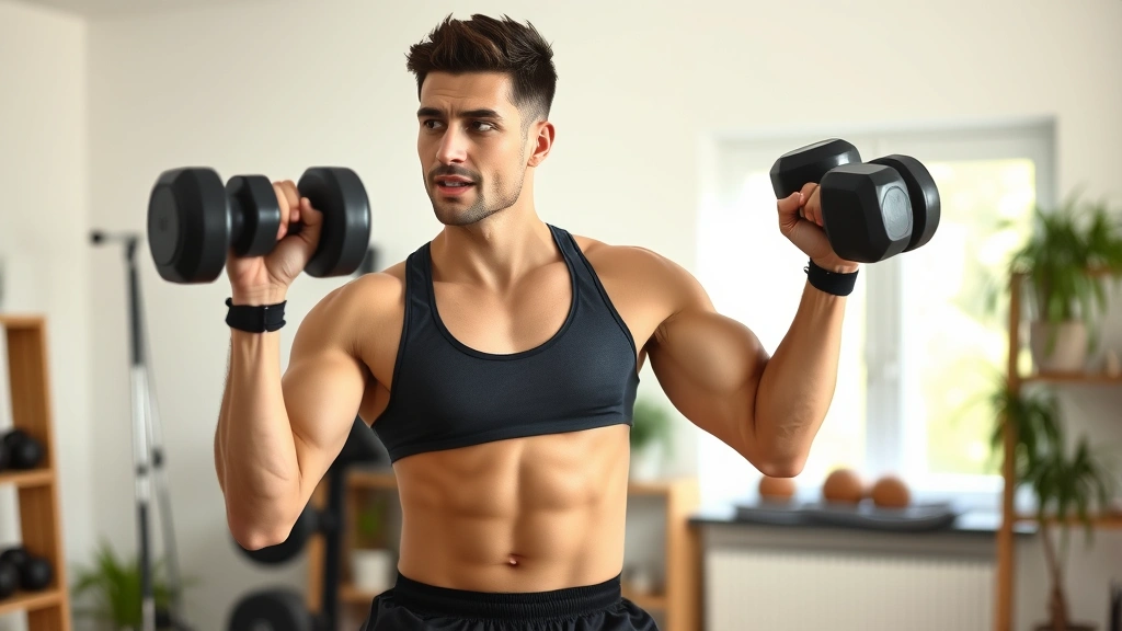 Fit person in athletic wear performing a strength training exercise with dumbbells in a home gym setting, focused and energized expression, natural lighting