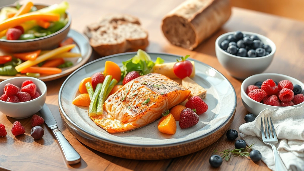Nutritious meal spread on wooden table featuring grilled salmon, colorful vegetables, whole grain bread, and fresh berries in natural daylight