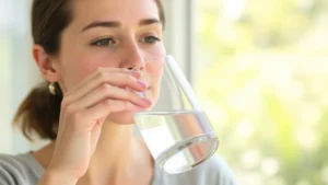 Person drinking clear water from glass with calm, peaceful expression in bright natural sunlight, healthy wellness environment, no text or numbers visible