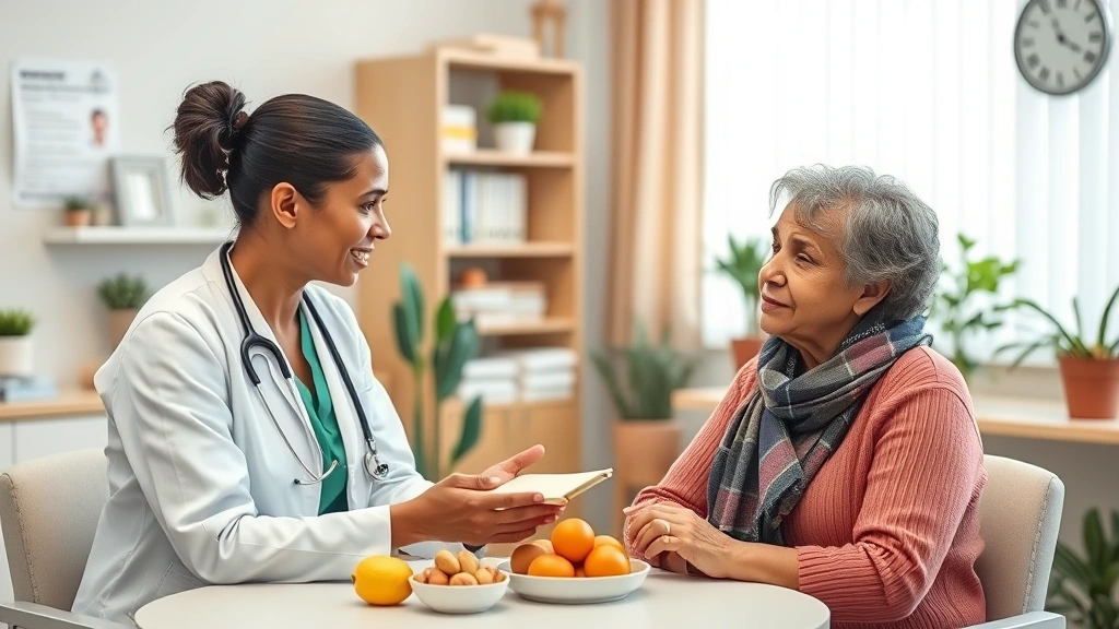 Medical professional consulting with patient about nutrition and health options in clinical office setting, supportive healthcare interaction, diverse representation
