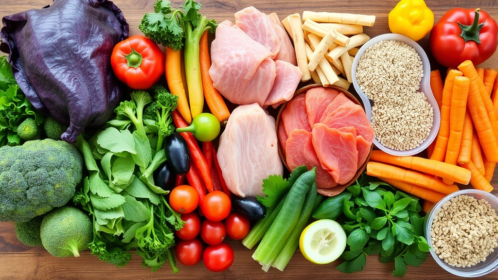 Colorful array of whole foods including fresh vegetables, fruits, lean proteins, and whole grains arranged on wooden surface, natural lighting, appetizing healthy meal components