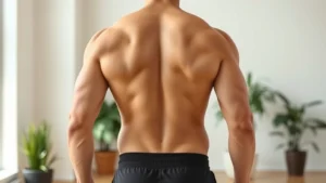 A person from behind showing their back and shoulders, standing confidently in workout attire, demonstrating improved posture and body composition, natural lighting in a bright room, no visible face, photorealistic wellness imagery
