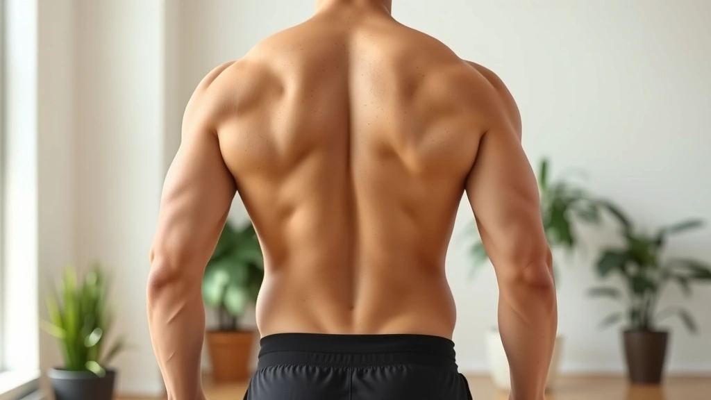 A person from behind showing their back and shoulders, standing confidently in workout attire, demonstrating improved posture and body composition, natural lighting in a bright room, no visible face, photorealistic wellness imagery