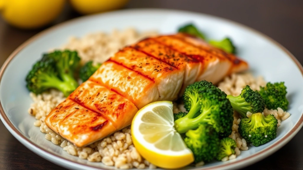 Close-up of a plate with grilled salmon, roasted broccoli, quinoa, and fresh lemon wedge, representing healthy protein-rich meals for weight loss, natural daylight, appetizing presentation, no text or numbers visible