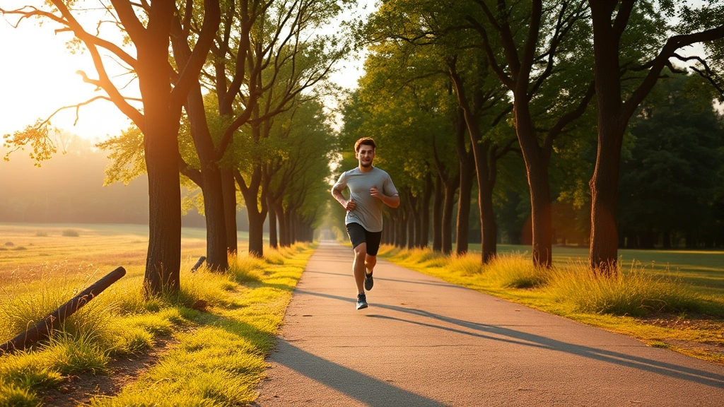 A fit person jogging outdoors on a tree-lined path during golden hour, showing improved mobility and active lifestyle, from side angle, natural landscape background, energetic and healthy appearance