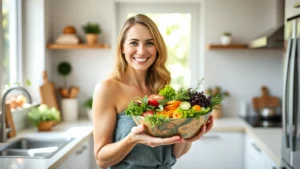 Woman in bright, modern kitchen holding a colorful salad bowl with fresh vegetables, smiling confidently, natural window lighting, warm and inviting atmosphere