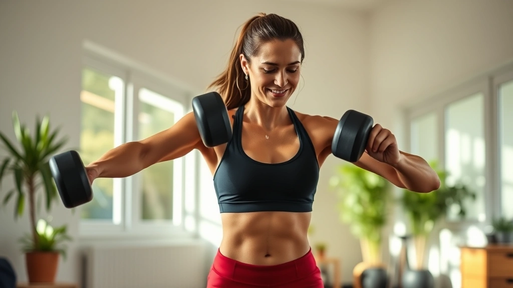 Female athlete performing strength training with dumbbells in a sunlit home gym, focused expression, proper form demonstration, motivational and energetic setting