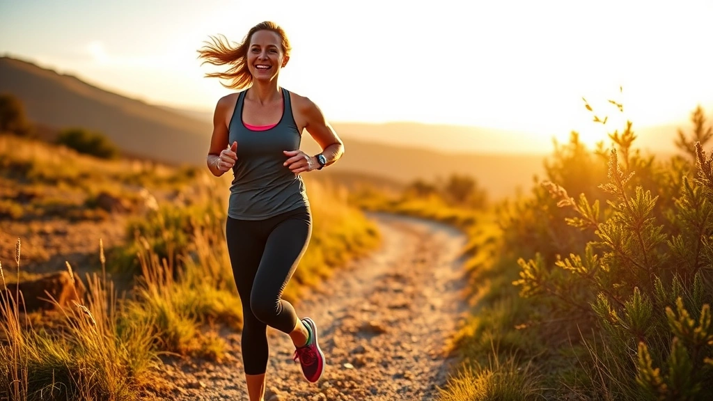 Healthy woman jogging outdoors on a scenic trail during golden hour, wearing comfortable athletic wear, happy and determined expression, natural landscape background