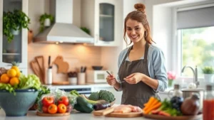 Woman preparing healthy whole foods in bright kitchen, fresh vegetables and lean proteins on counter, natural lighting, warm and encouraging atmosphere