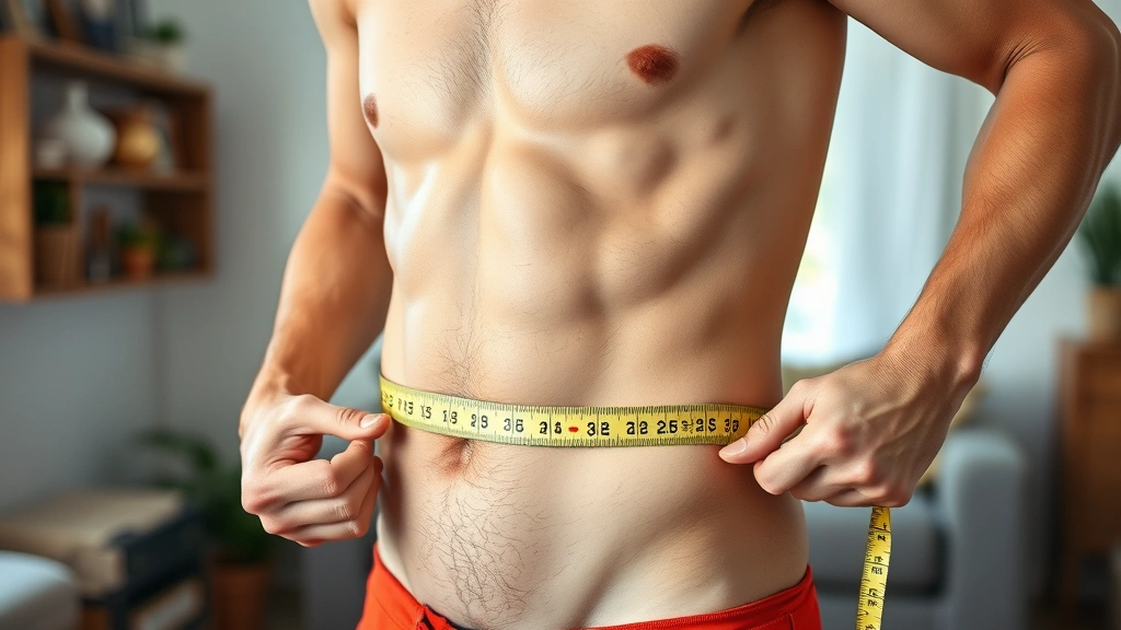 Person measuring body composition with tape measure, focused and determined expression, fit and healthy appearance, home setting with wellness elements visible