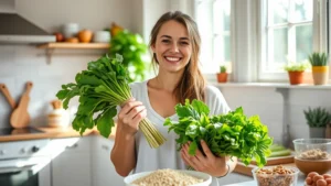 Woman in bright kitchen holding fresh green vegetables and whole grains, smiling with energy, natural sunlight streaming through windows, healthy food preparation scene