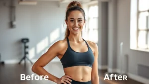 Athletic woman in fitness studio wearing workout clothes, smiling with confidence, natural lighting, healthy glowing skin, before-after transformation concept implied through posture and energy