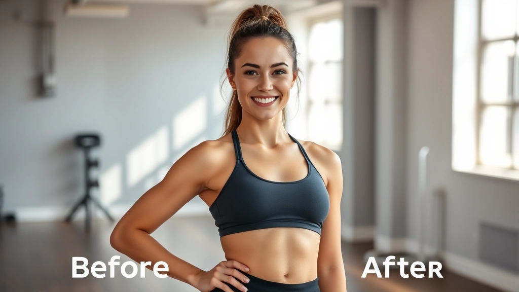 Athletic woman in fitness studio wearing workout clothes, smiling with confidence, natural lighting, healthy glowing skin, before-after transformation concept implied through posture and energy
