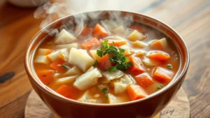 Large colorful bowl of steaming cabbage soup with visible chunks of cabbage, carrots, and tomatoes, fresh herbs garnish on top, warm steam rising, wooden table background, natural daylight