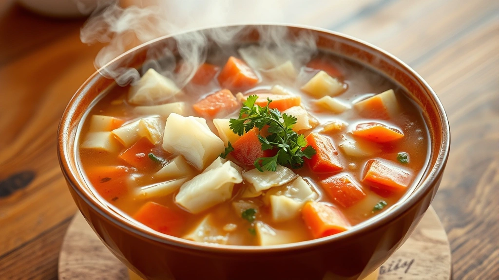 Large colorful bowl of steaming cabbage soup with visible chunks of cabbage, carrots, and tomatoes, fresh herbs garnish on top, warm steam rising, wooden table background, natural daylight