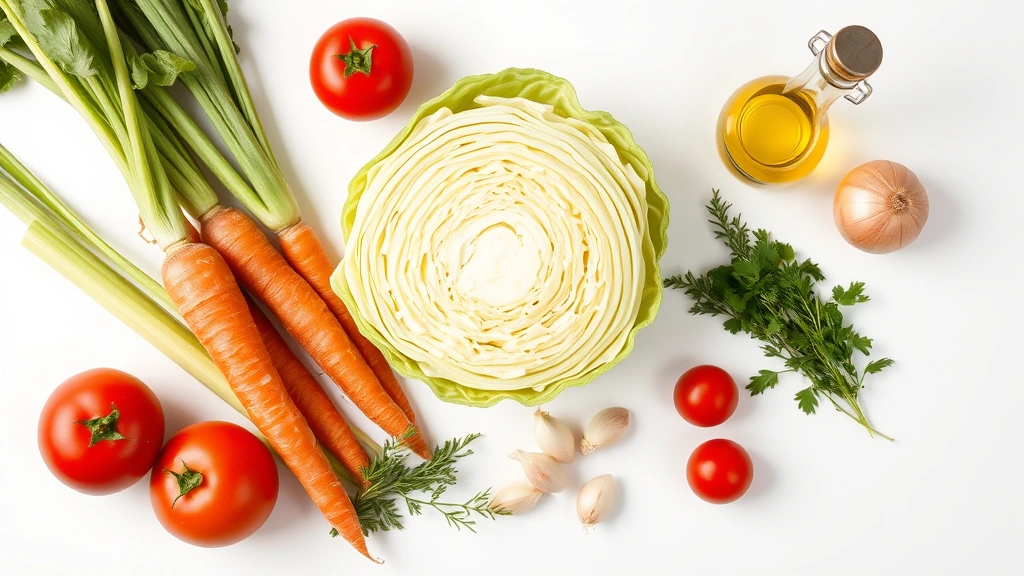 Overhead flat lay of fresh cabbage soup ingredients arranged on white surface: whole cabbage head, carrots, celery, onions, tomatoes, garlic cloves, fresh herbs, olive oil bottle, bright natural lighting