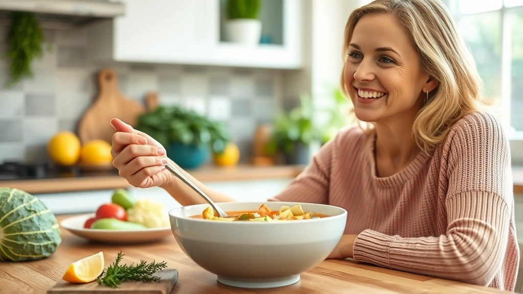 Woman enjoying healthy cabbage soup at home kitchen table, smiling, holding spoon, bowl of soup in front, fresh vegetables visible in background, bright kitchen setting, natural window light