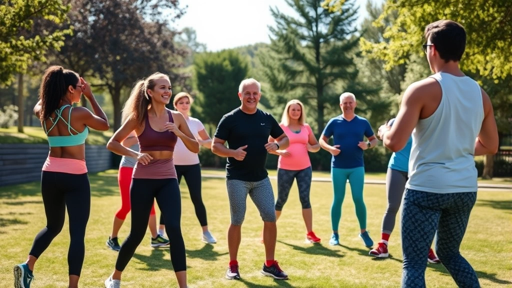 Group of diverse adults in colorful athletic wear participating in a guided outdoor group fitness class in a sunny park setting, with a certified trainer leading motivational movement. Photorealistic, healthy, energetic atmosphere.