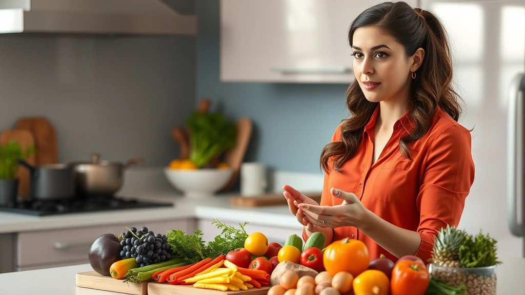 Registered dietitian nutritionist in professional attire presenting fresh whole foods—colorful vegetables, lean proteins, whole grains—on a modern kitchen counter during a nutrition education session. Photorealistic, educational, warm lighting.
