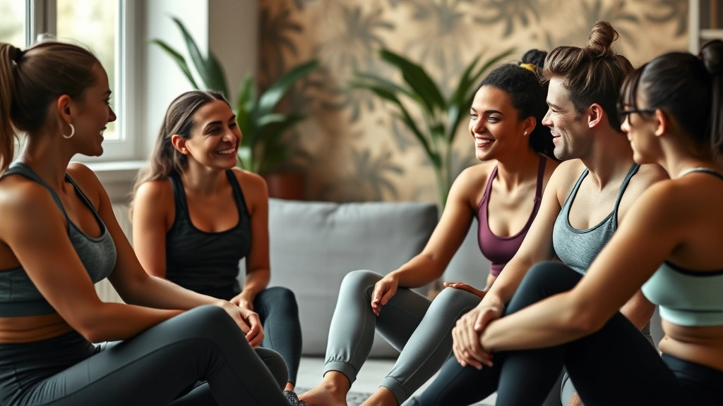 Small group of individuals in workout clothes having a supportive conversation while sitting together in a comfortable indoor wellness space, showing genuine connection and community. Photorealistic, candid, emotionally warm.
