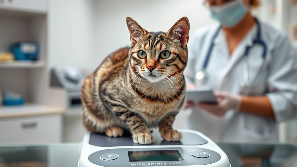 A healthy adult tabby cat being weighed at a veterinary clinic on a digital scale, with a caring veterinarian in the background, bright clinical lighting, photorealistic