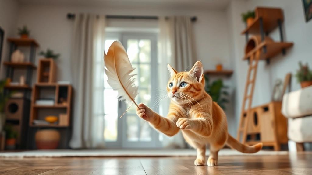 A curious orange cat playing with an interactive feather toy in a bright living room with cat trees and climbing shelves, mid-pounce action, natural daylight, photorealistic