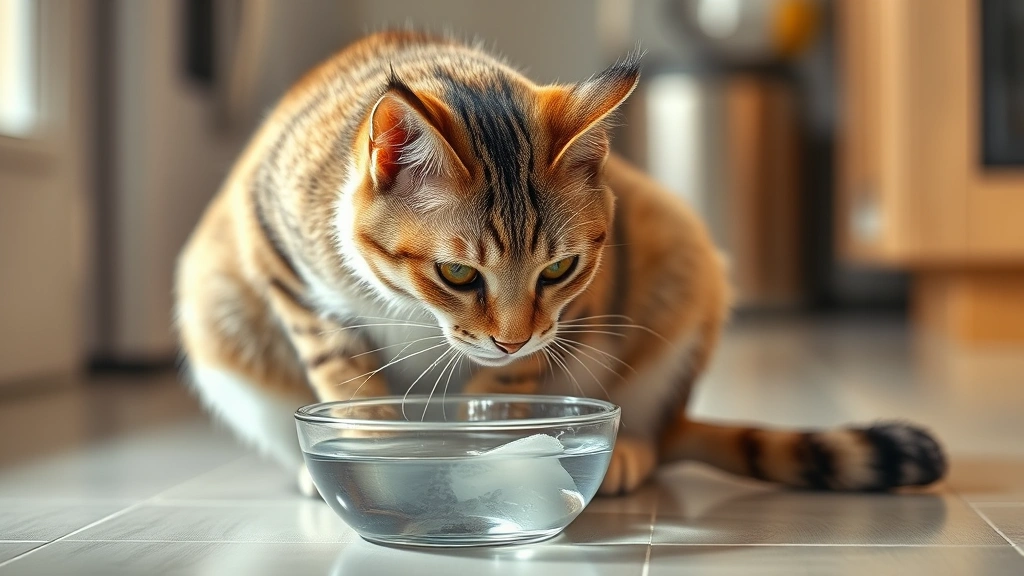 A fit domestic cat eating from a measured portion bowl with fresh water nearby, sitting on a clean kitchen floor, warm home lighting, photorealistic