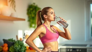 Fit woman in athletic wear drinking water from a glass bottle, sunlit kitchen with fresh vegetables and fruits on counter, healthy confident expression, morning natural light