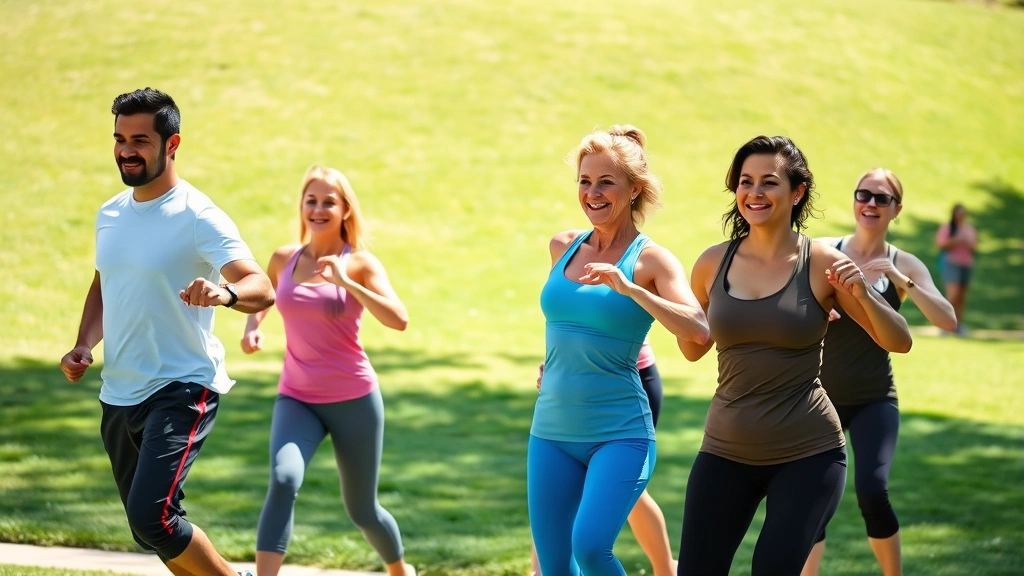 Group of diverse people doing outdoor fitness class in park, smiling and exercising together, bright sunny day, green grass background, community and motivation