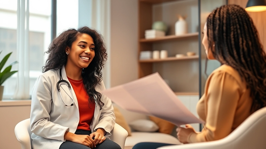 Professional medical consultation room with diverse healthcare provider discussing weight loss plan with patient, warm lighting, motivational atmosphere, modern clinic interior