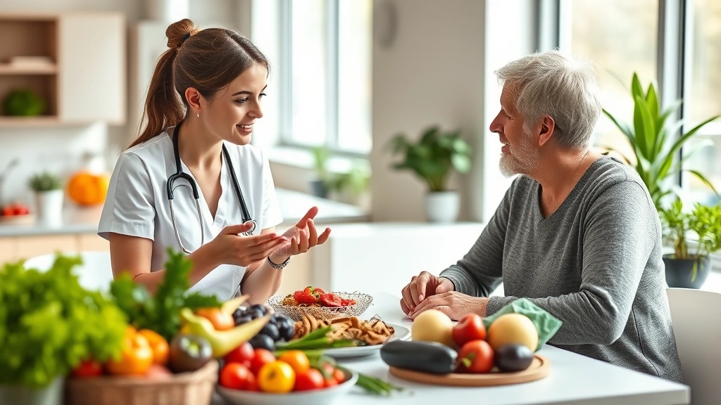 Registered dietitian nutritionist counseling patient about healthy meal planning, colorful fresh vegetables and whole foods on table, supportive healthcare environment, bright natural lighting