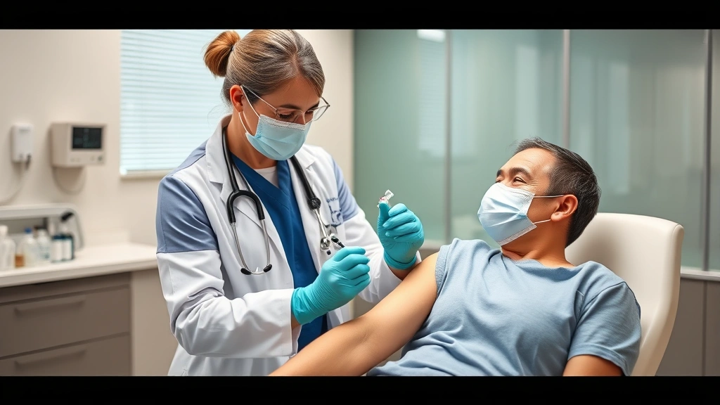 Patient receiving injection therapy from certified medical professional in modern weight loss clinic, sterile medical setting, professional healthcare attire, focus on precision and care