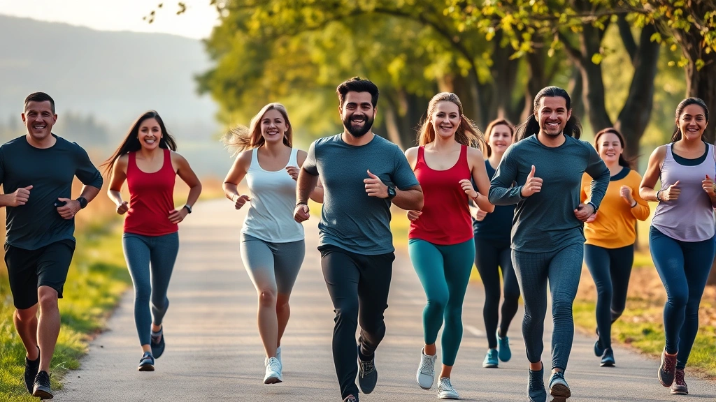 A diverse group of people jogging together outdoors on a scenic tree-lined path on a sunny morning, wearing comfortable athletic clothing, showing camaraderie and support, genuine smiles, photorealistic wellness scene