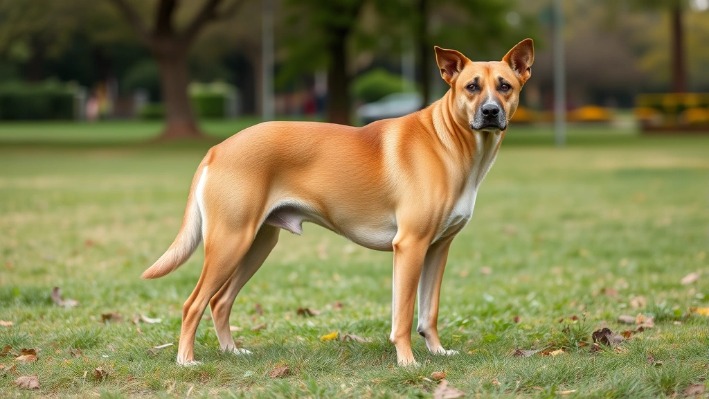 Healthy adult dog of medium size standing in natural outdoor setting with optimal body condition, muscular physique visible, peaceful park background with soft natural lighting