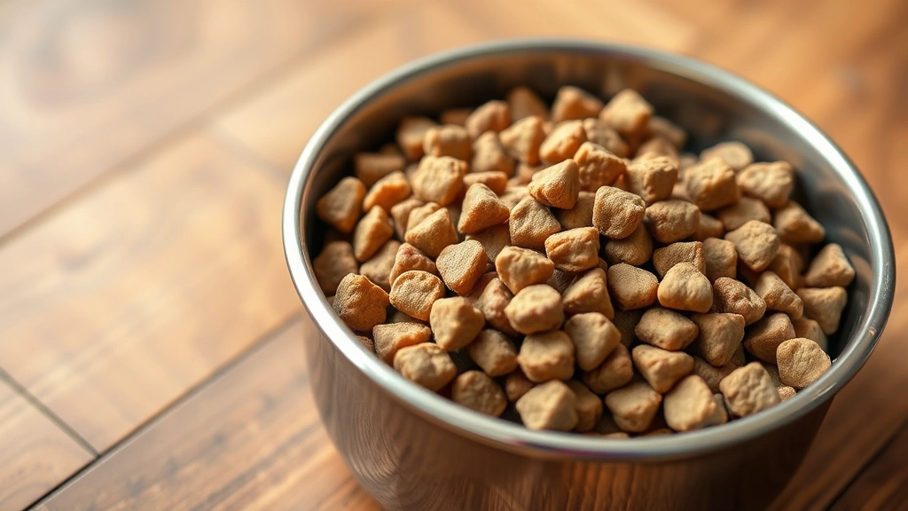 Close-up of premium dog food kibble in stainless steel bowl on wooden floor, showing texture and quality of specialized weight management formula, warm natural lighting