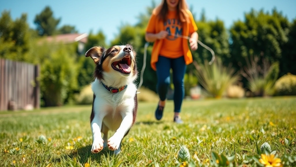 Active dog playing fetch with owner in grassy yard, demonstrating exercise and engagement, happy expression, sunny day with clear sky, showing healthy interaction