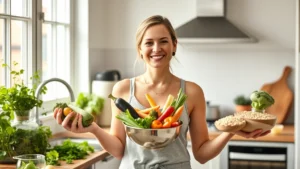 Woman in bright kitchen holding fresh vegetables and whole grains in bowls, natural window light, healthy food preparation, photorealistic, wellness focused