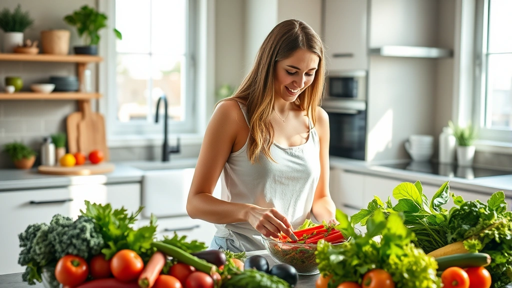 Woman preparing fresh vegetable salad in modern kitchen with natural light streaming through windows, colorful produce, clean countertops, healthy cooking