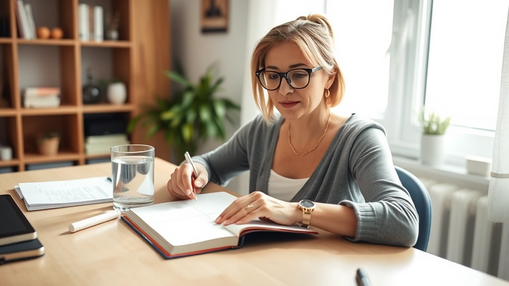 Woman journaling her weight loss progress with a cup of water on desk, natural sunlight, focused expression, home setting, wellness atmosphere