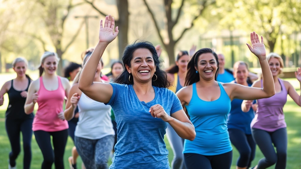Diverse group of people exercising together outdoors, smiling and energized, park setting, various fitness activities, supportive community vibe, morning light