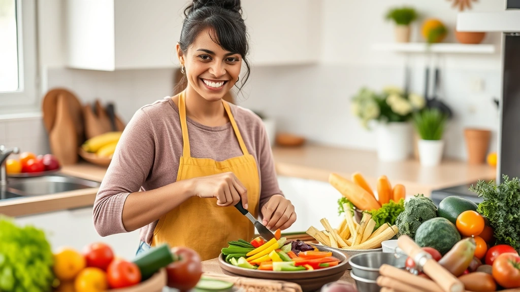 Person preparing colorful healthy meal in bright kitchen, fresh vegetables and fruits visible, happy expression, natural lighting, nutritious food preparation