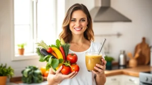 Woman in bright kitchen holding colorful fresh vegetables and a nutritious smoothie bowl, natural sunlight, warm and inviting atmosphere, healthy lifestyle setting