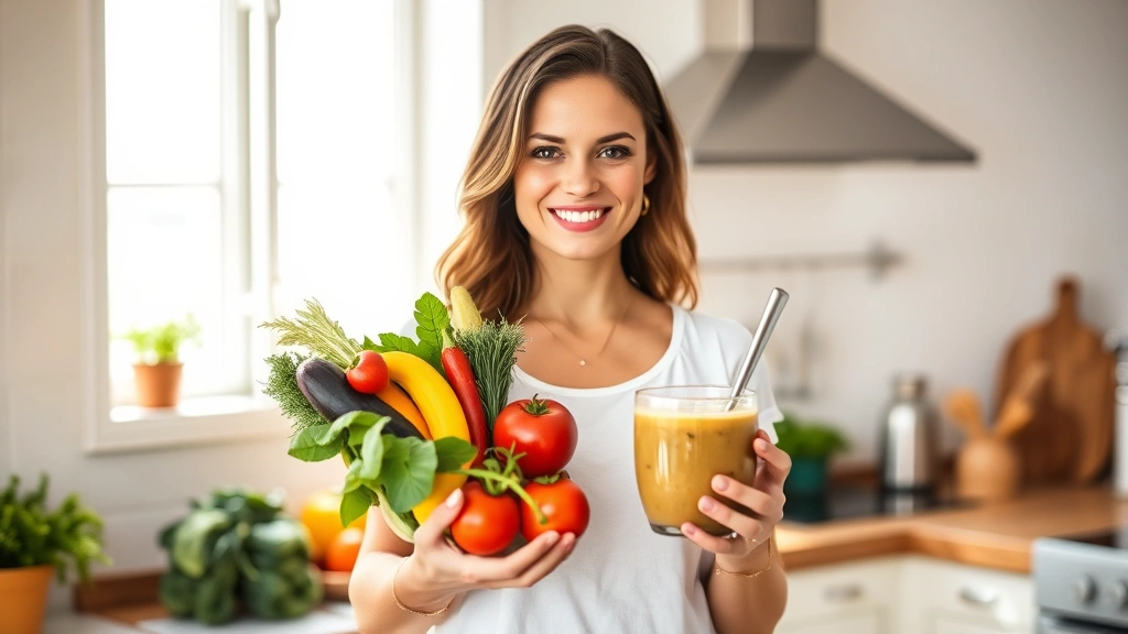 Woman in bright kitchen holding colorful fresh vegetables and a nutritious smoothie bowl, natural sunlight, warm and inviting atmosphere, healthy lifestyle setting