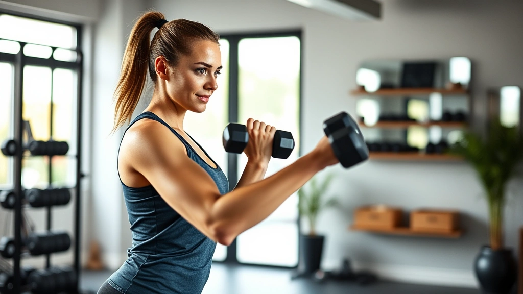 Active woman doing resistance training with dumbbells in modern home gym, focused expression, energetic and strong posture, motivational fitness scene