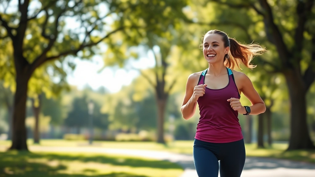 A woman in athletic wear jogging through a sunny park with green trees, looking energized and healthy, photorealistic daylight setting